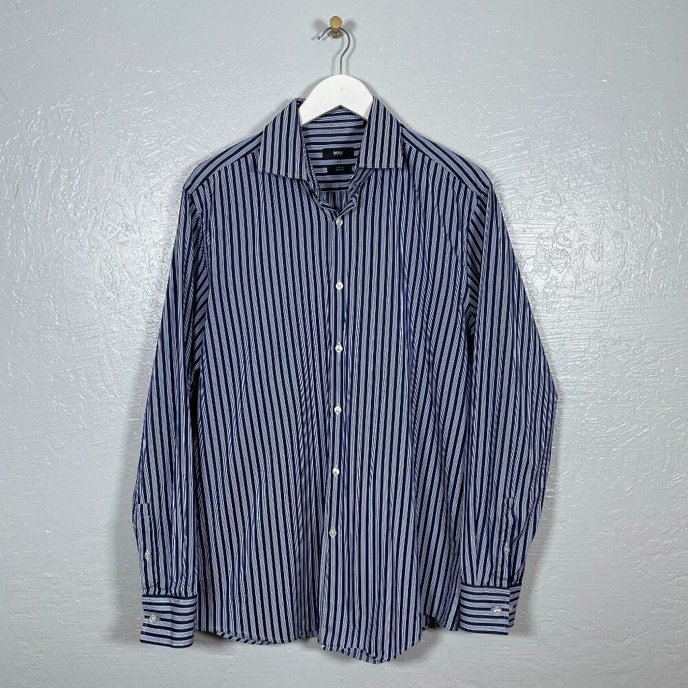 Hugo Boss Men 43 17 Navy Blue White Stripe Shirt Slim Fit Two Ply Spread Collar - Picture 1 of 10